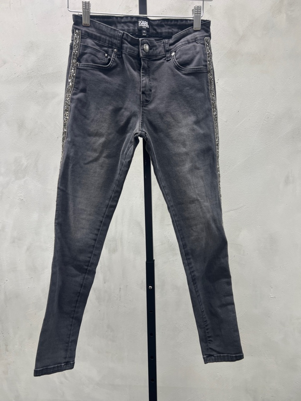 Karl Lagerfeld Charcoal Gray Skinny Jeans with Side Crystal Trim